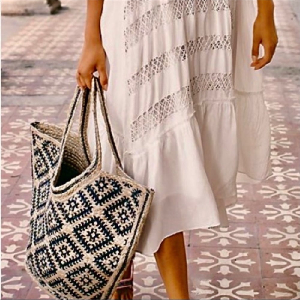 Free People Eva Tote NWT Jute Sisal Print Woven Beach Summer Bohemian Carry All - Picture 10 of 11